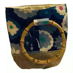 Floral Canvas Tote Bag with Bamboo Handles Multicolor Women's Handbag